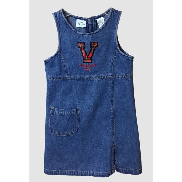 Authentic Falls Creek VTG Girls Denim Sleeveless Dress Applique Embroidery 5/6💰 - Picture 1 of 7